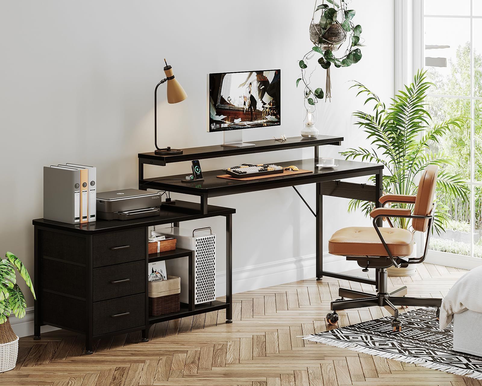 110cm幅 システムデスク3点セット（デスク・3段チェスト・ラック