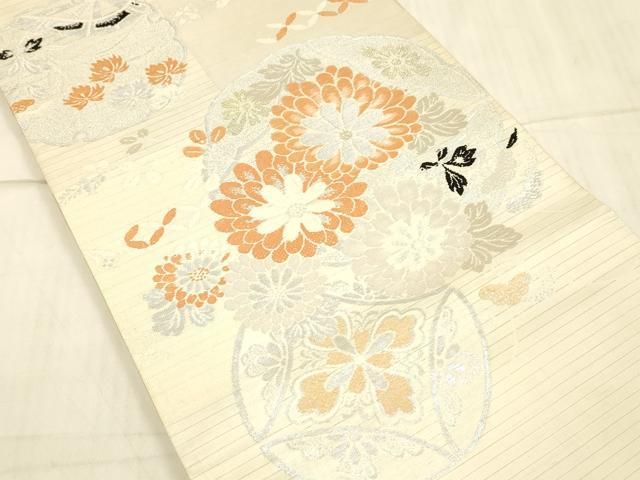 平和屋着物 夏物 アンティーク 大正ロマン 丸帯 雪輪草花文 金銀糸 正絹 DAAW4508cm