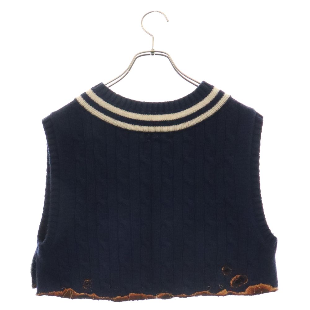 doublet (ダブレット) 22AW 22AW47KN90 BURNIG EMBROIDERY KNIT VEST ダメージ加工 ショート丈ニットベスト ネイビー ロゴ刺繍