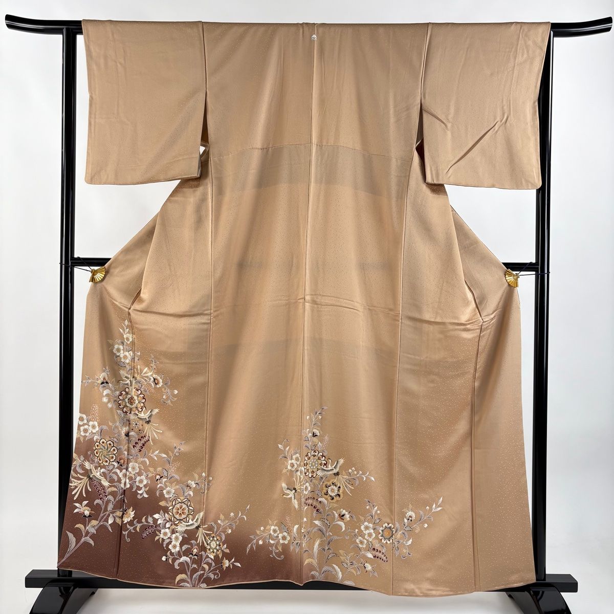 付下げ 身丈159cm 裄丈63cm S 袷 華文 鳥 金彩 ぼかし 薄茶色 正絹 秀品 一つ紋