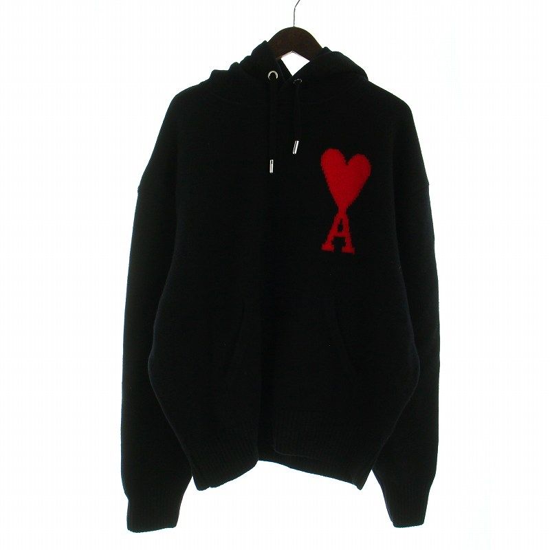 アミ アレクサンドル マテュッシ ami alexandre mattiussi De Coeur Hoodie ニット パーカー フーディ 長袖 ロゴ L 黒 ブラック UKS802018 GY18 /MQ