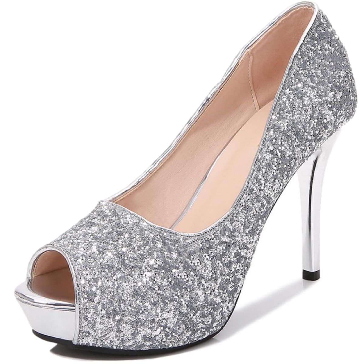 [Lopis] 脚長 美脚 パンプス ハイヒール 履きやすい オープントゥ 10～14cm レディース 靴 かわいい ラメ 痛くない 歩きやすい (シルバー/10cm, 日本の靴のサイズ寸法, 大人, 数値, 24. [シルバー/10cm] [24.5 cm]