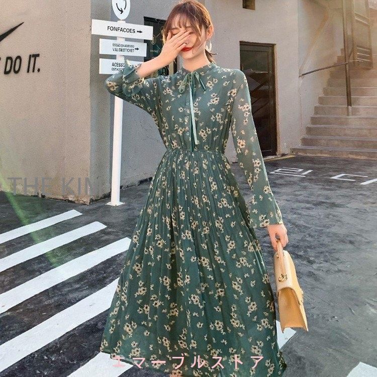 マキシワンピース レデイース ワンピース Vネック リボン付き 夏 花柄 シフォン ロング丈 大きいサイズ 韓国風 オシャレ 着痩せ ゆったり 3