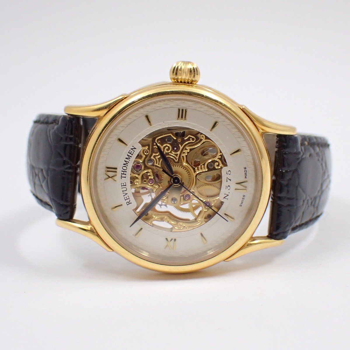 レビュートーメン スケルトン 手巻き メンズ 腕時計 ゴールドGP スケルトン 純正革ベルト 4412006 いおき質店