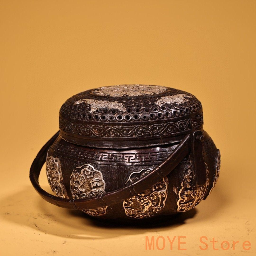 銅 細工 高浮彫鏨刻銀温手炉 香炉 提梁炉 香道具 装飾品 工芸品 置物 