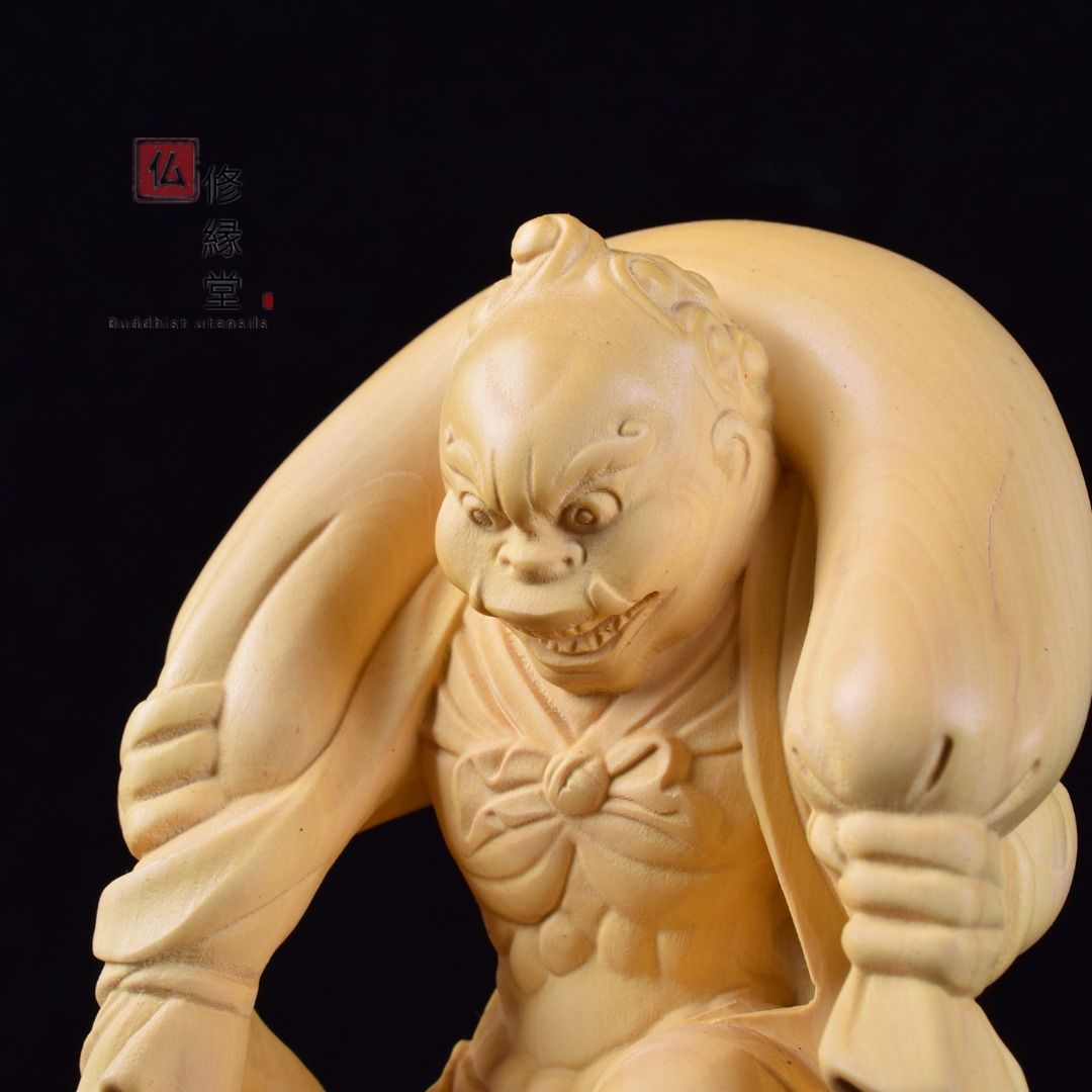 修縁堂】高品質 木彫仏像 風神立像 彫刻 仏教工芸 柘植材 仏師で