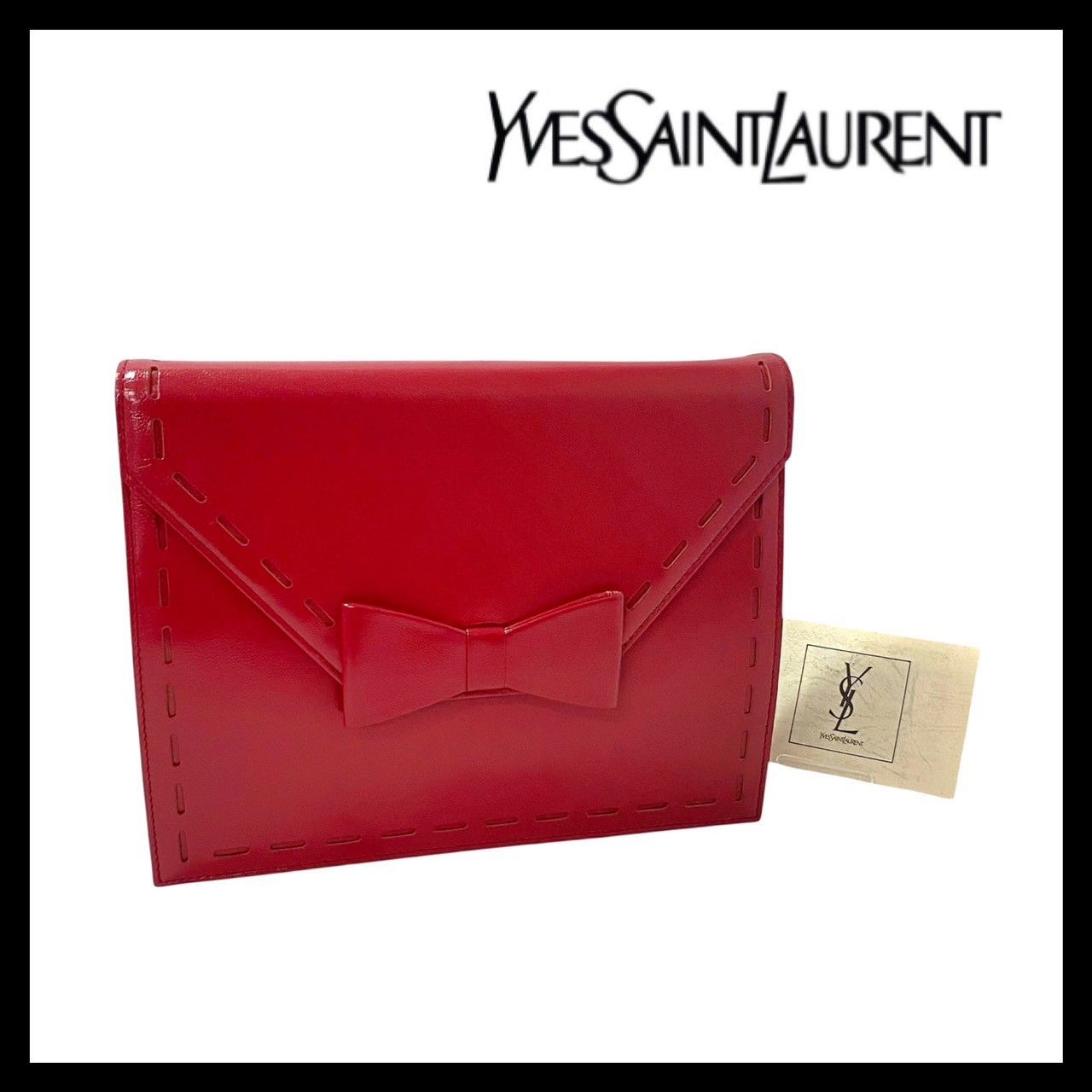 YVES SAINT LAURENT リボン レザー レッド|赤 セカンドバッグ クラッチバッグ YSL|イヴサンローラン M-217