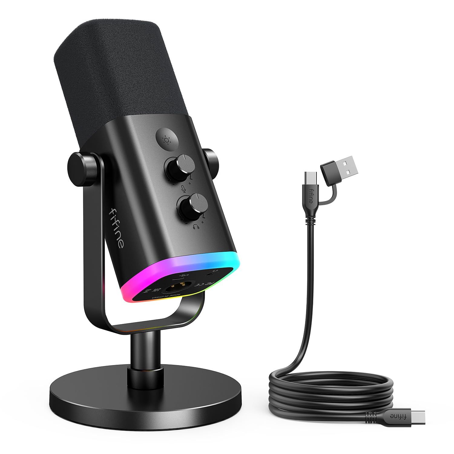 FIFINE XLR|USB接続 ダイナミックマイク ゲーミング 配信用 単一指向性 ノイズ低減 プラグ＆プレイ PC パソコン PS4 PS5対応 ライブ配信 ゲーム実況 録音用 マイク 音量調節 ミュート機能 RGBライト ヘッドホン端子 USBケーブル付