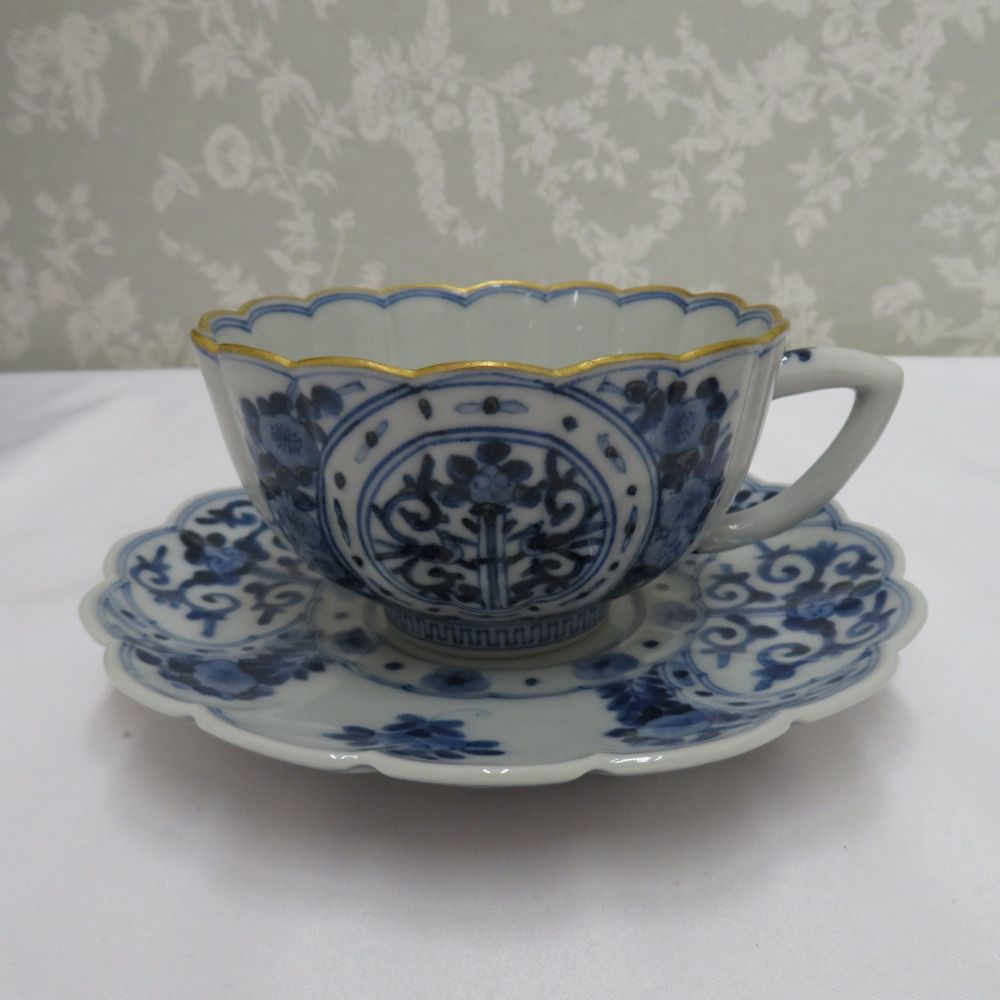 九谷焼 食器 九谷焼 長左窯 青華吉祥文 碗皿 珈琲揃 金彩 コーヒー