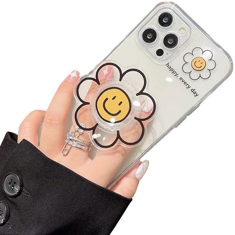 【数量限定】透明 クリア スマホグリップ 花 キャラクター にこちゃん スマイリー 韓国 (iPhone 韓国 スマホケース おしゃれ 13) ケース iphone