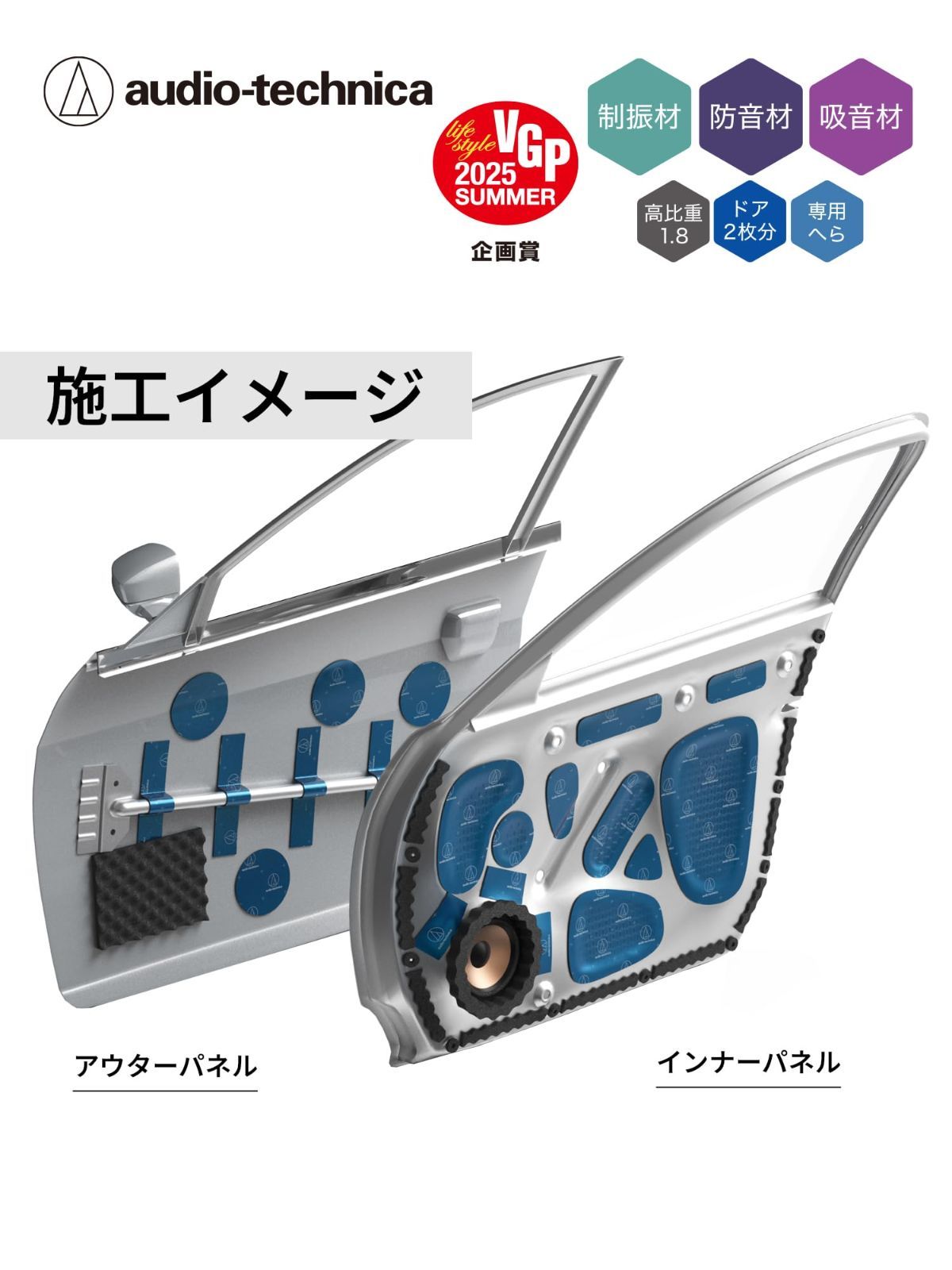 新着商品 オーディオテクニカ AT-AQ405 ドア キット デッドニングキット ドア2枚分 制振 防音 遮音 吸音 専門工具不要 へら付き
