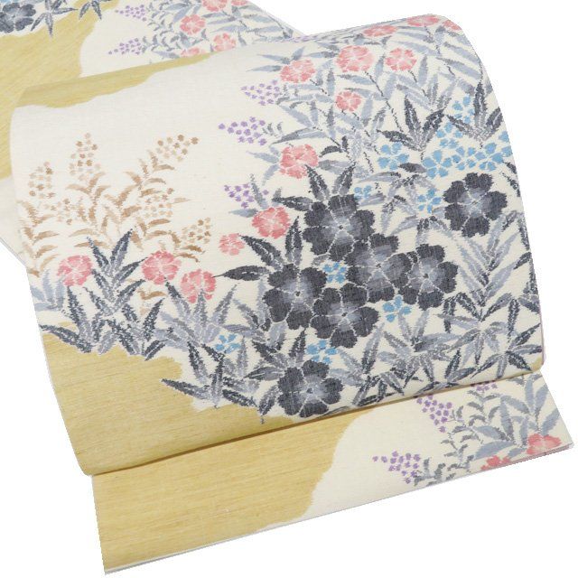 袋帯 リサイクル 正絹 紬地 カジュアル 仕立て上がり 全通 花模様 生成色 麦藁色 多色 きもの北條 A1285-10