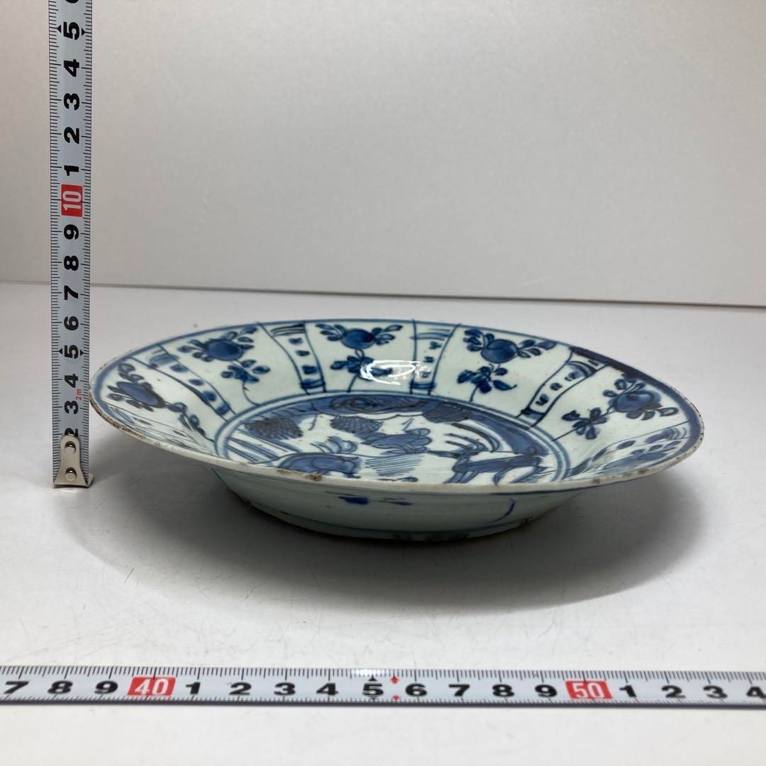 中国明時代 古染付 鹿の図 七寸皿 木箱付 トトヒ