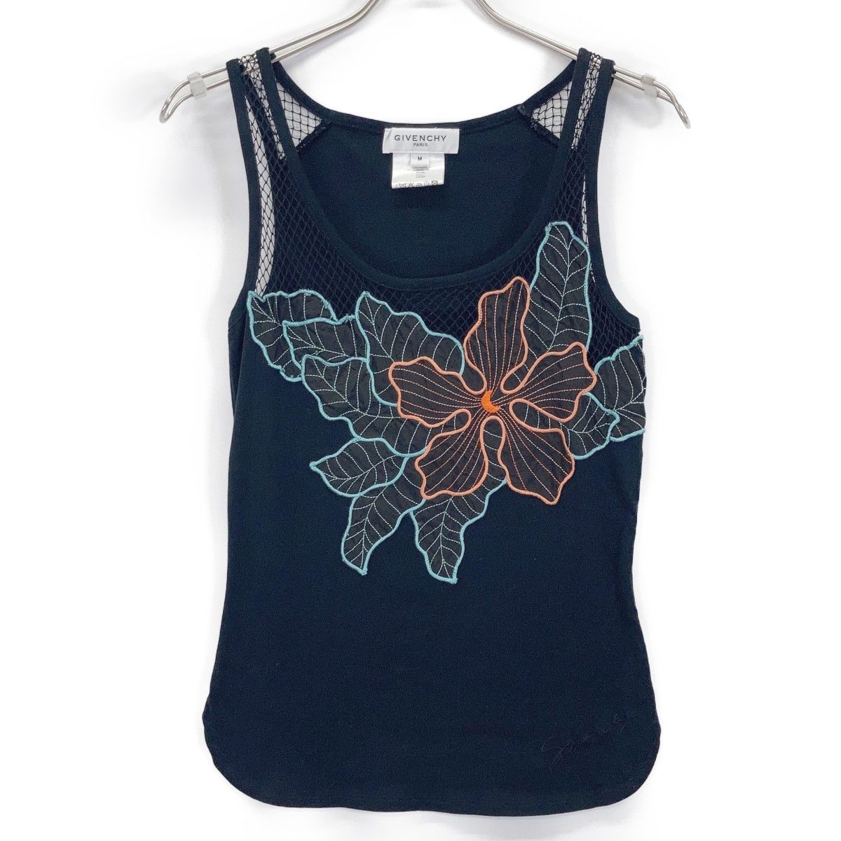 GIVENCHY ジバンシィ ﾌﾞﾗｯｸ ｺｯﾄﾝ ﾌﾗﾜｰﾓﾁｰﾌ ﾒｯｼｭ切り替え ﾉｰｽﾘｰﾌﾞｶｯﾄｿｰ M