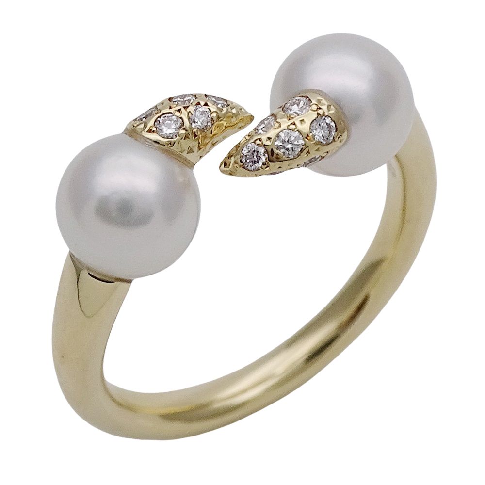 タサキ TASAKI リング レディース ブランド 指輪 750YG 2P アコヤパール ダイヤモンド D0.12 デインジャー ファング イエローゴールド 約9号 ジュエリー 磨き済み
