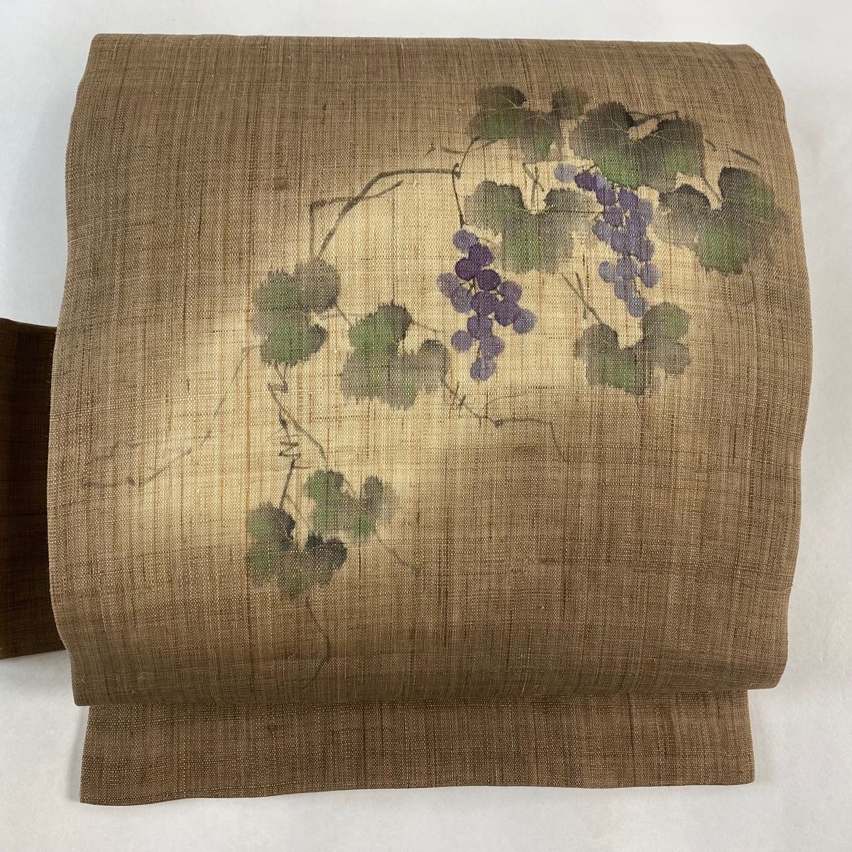 名古屋帯 名品 落款 夏帯 葡萄 茶色 麻