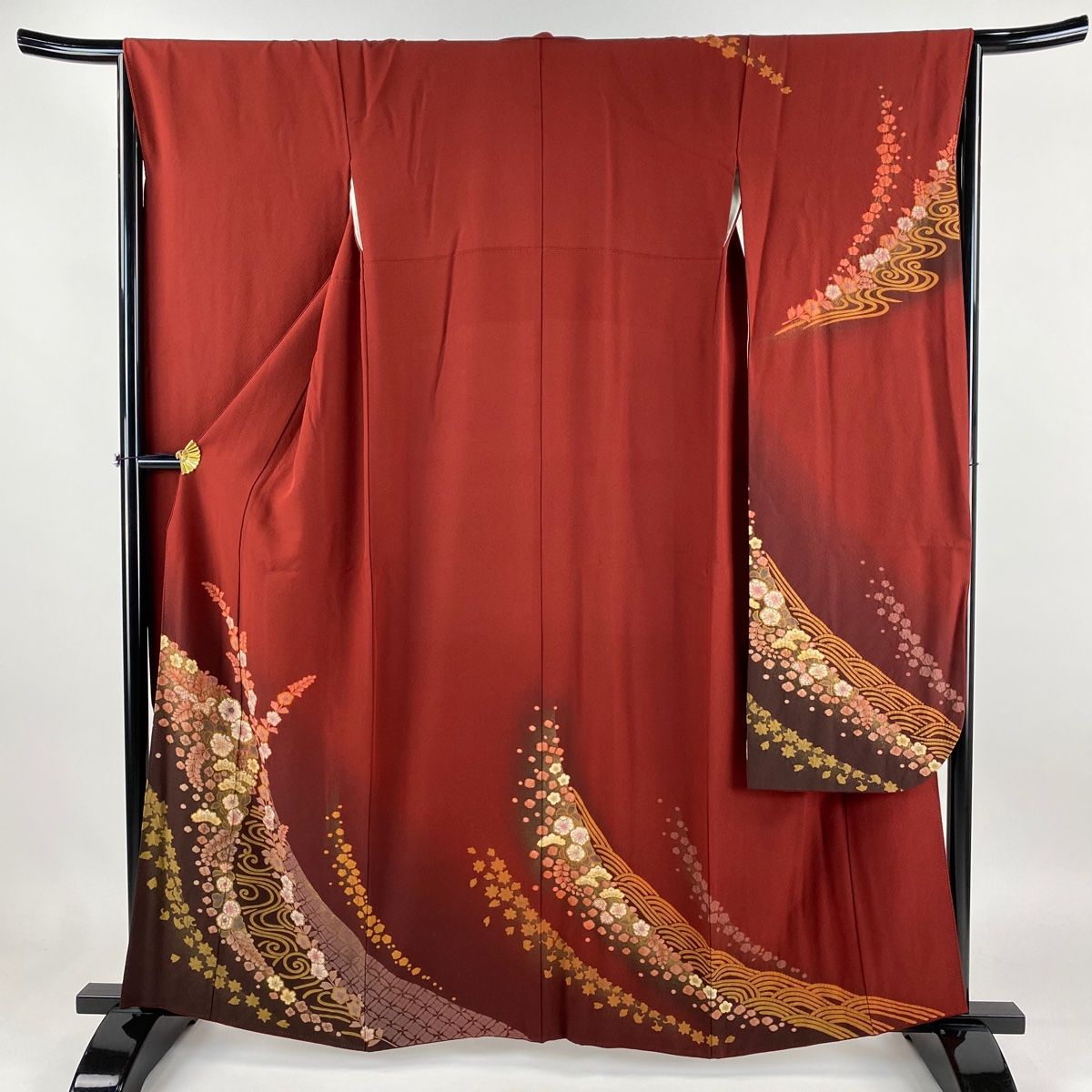 振袖 身丈159.5cm 裄丈66.5cm M 袷 草花 笠松 金彩 絞り えんじ色 正絹 名品