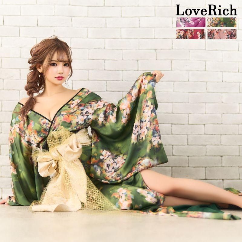 LoveRich ラブリッチ ライン|4 小花柄 スリット オフショル ロング 豪華 帯 リボン 花魁 着物 ドレス コスプレ イベント ハロウィン 0958