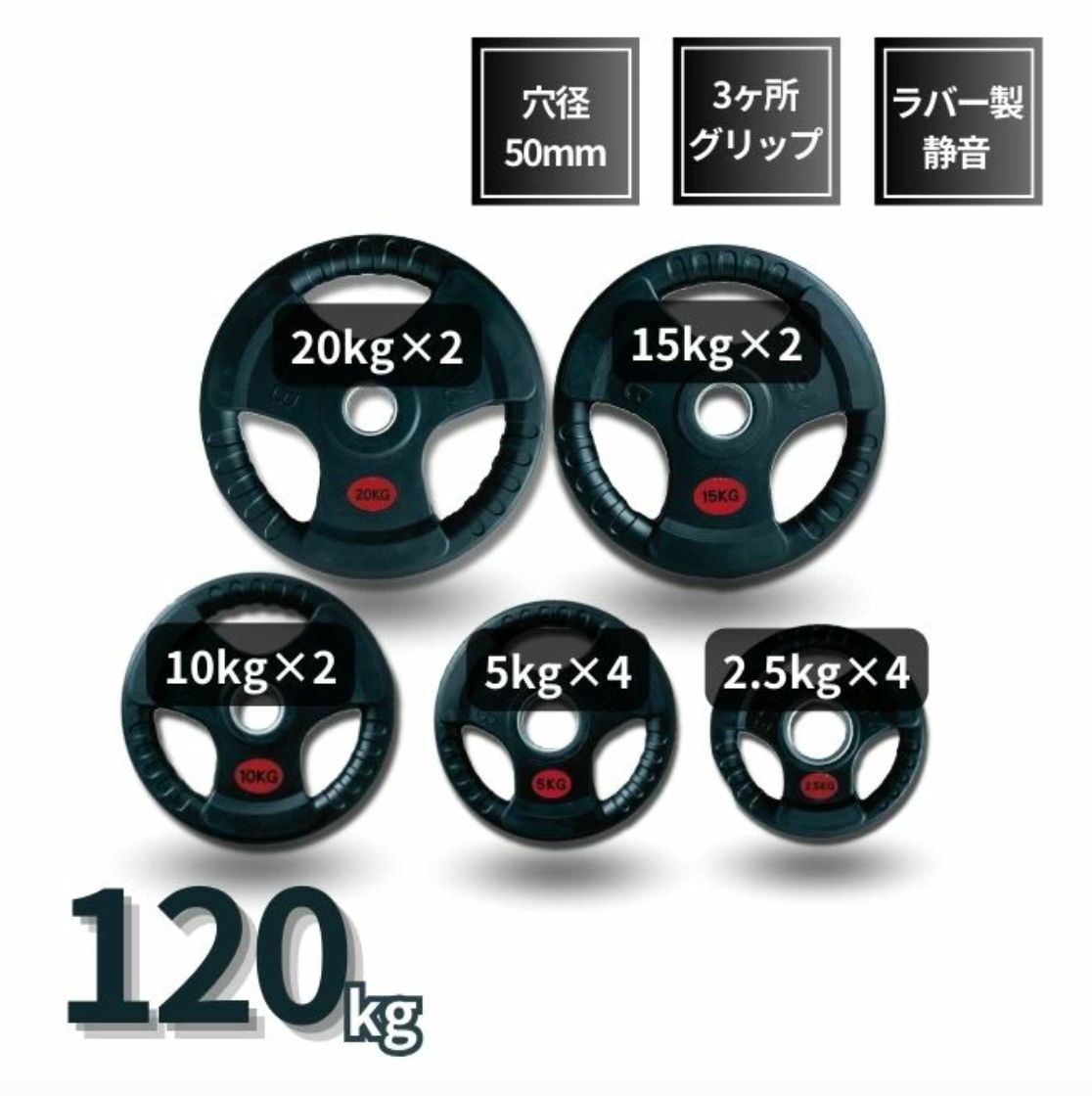 3グリップラバープレート 120kg 3グリップラバープレート 120kg 50mm 3グリップラバープレート20