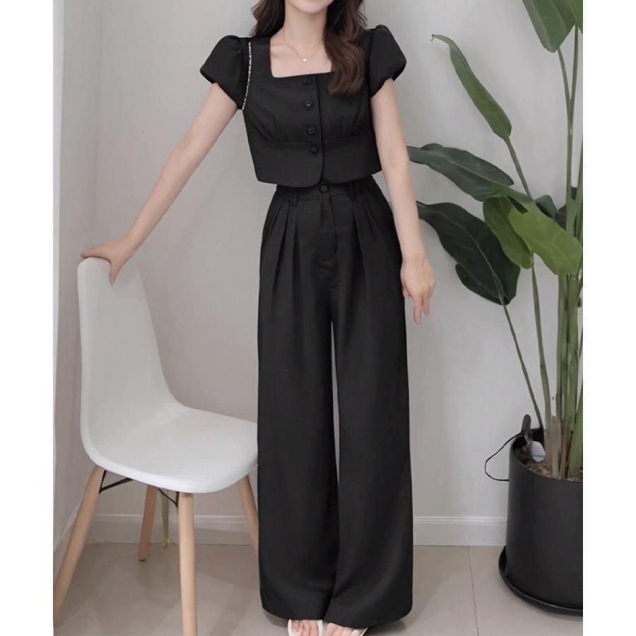 セットアップ春夏半袖トップスワイドパンツ