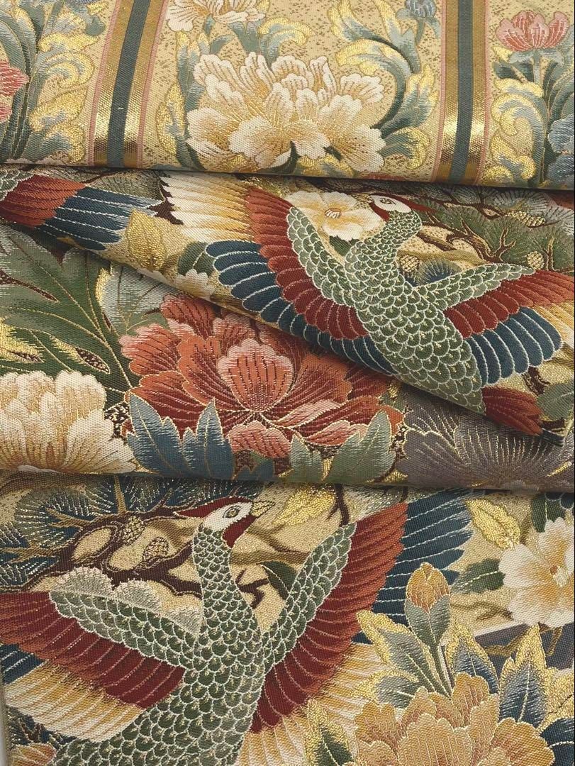 細密織 紹巴 袋帯 鳳凰 鳥 兎 動物 牡丹 金糸 正絹 六通