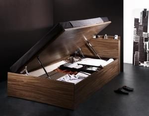 お客様組立 シンプルデザイン大容量収納跳ね上げ式ベッド Novia ノービア 薄型スタンダードボンネルコイルマットレス付き 横開き シングル 深さラージ【代引不可】