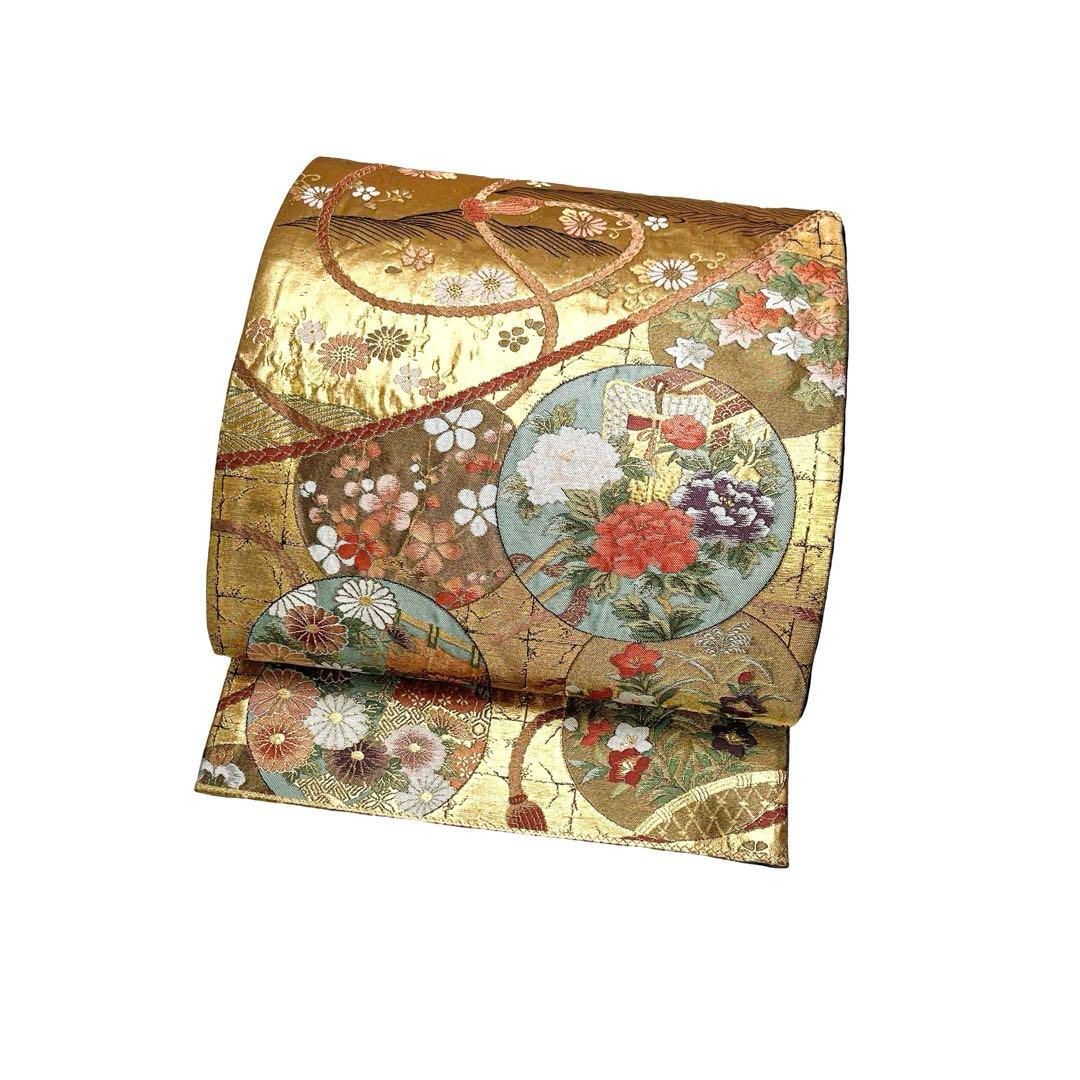 袋帯 丸に御所車や花模様 組紐 金色 フォーマル O-4799 袋帯 丸に御所車や花模様 組紐 金色 フォーマル O-4799