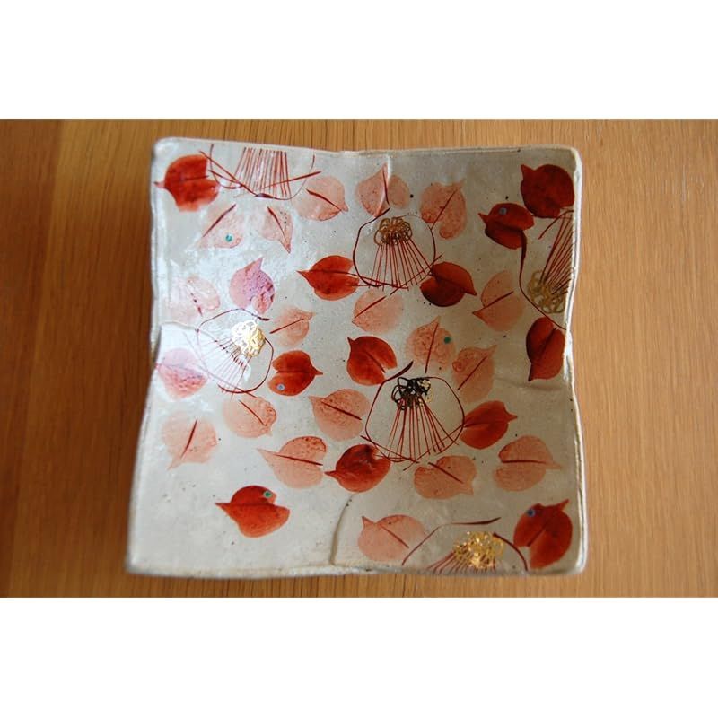 九谷焼虚空蔵窯（石川県能美市）緑地に椿柄角皿縦約