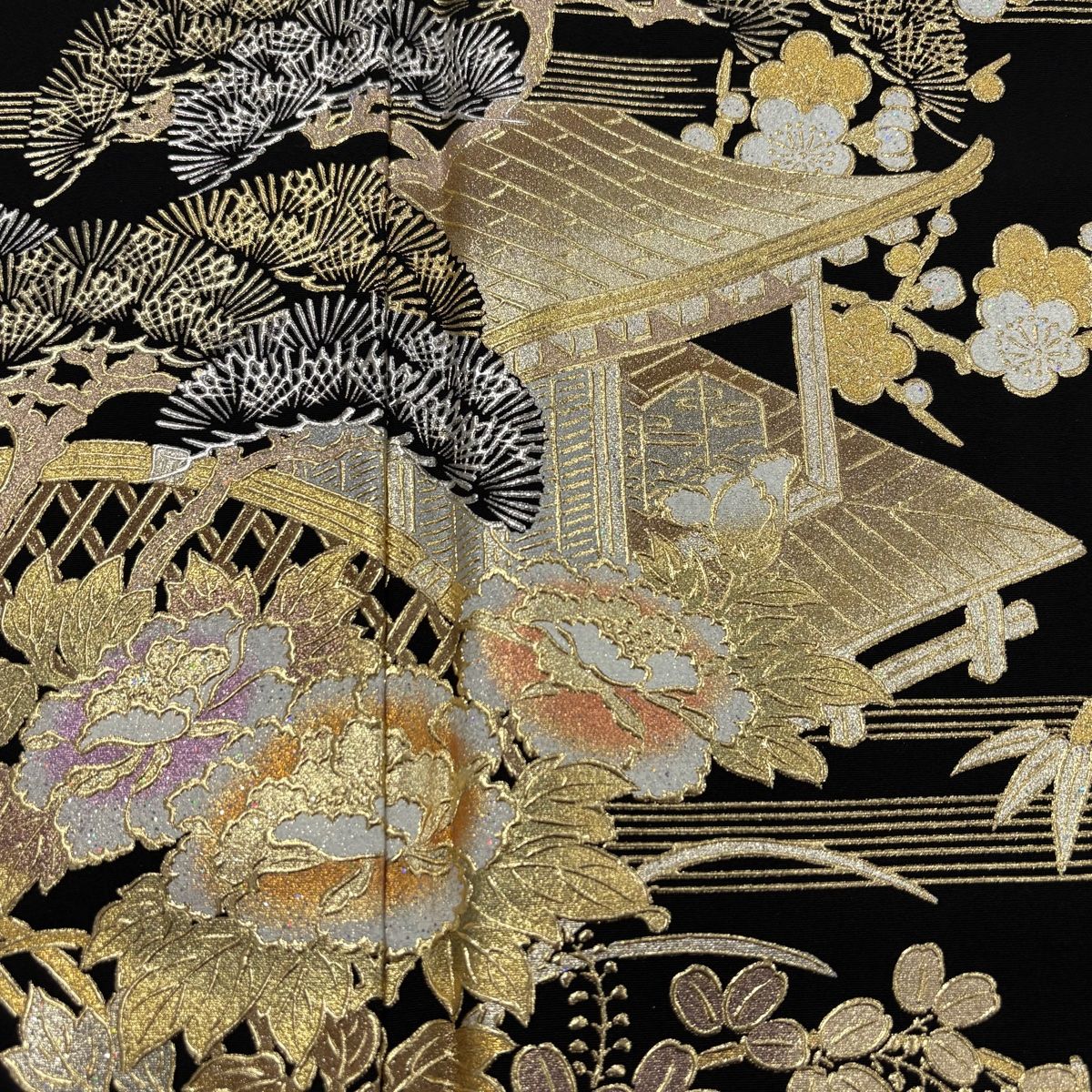 黒留袖 身丈169.5cm 裄丈72cm L 袷 和田光正 落款 松竹梅 建物 金銀