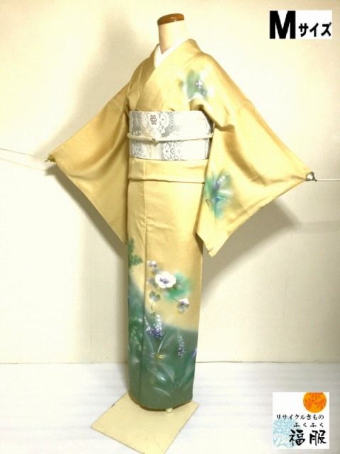 訪問着 美品 未使用 枝花文様 絞り しつけ付 正絹 着物 袷 平和