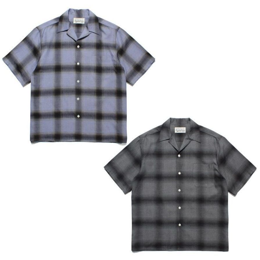 極美品 WACKO MARIA 23SS CHECK OPEN COLLAR SHIRT ハワイアンシャツ 半袖シャツ 2色:Black/Blue a3120