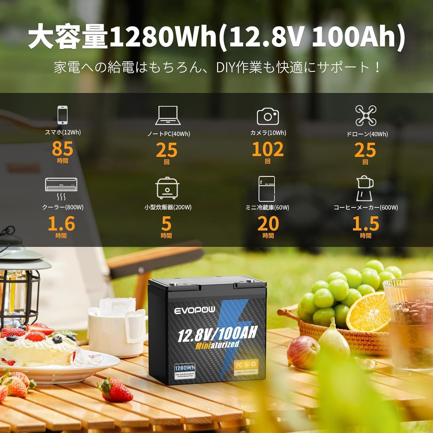 Evopow 12.8V 100Ah LiFePO4リン酸鉄リチウムイオンバッテリー 1280Wh