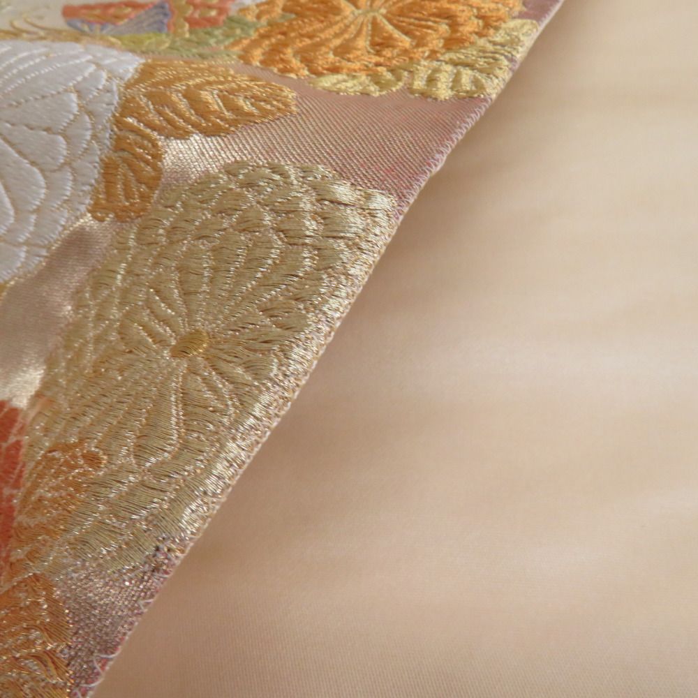 西陣織 袋帯 未仕立て 金色x緑色 金糸銀糸 菊に波模様など 六通柄