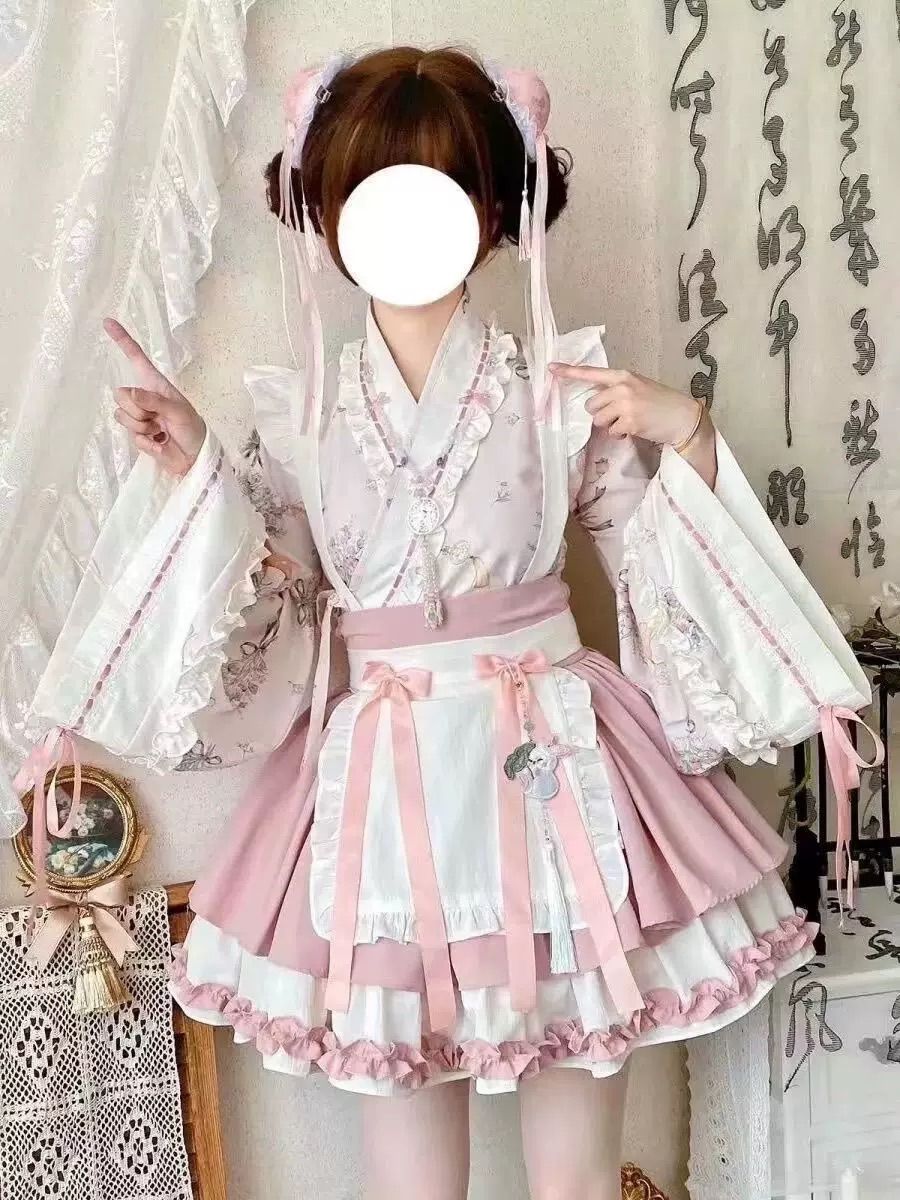 和風 ピンク ロリータ ドレス トランペット袖 姫袖 華ロリ サブカル 服 ガーリー系 ロリィタ バンギャ ハロウィン 衣装 仮装 パーティー 量産型 コスプレ ワンピース リボン デコラ 渋谷 原宿 カフェ 衣装 ステージ アイドル レトロ