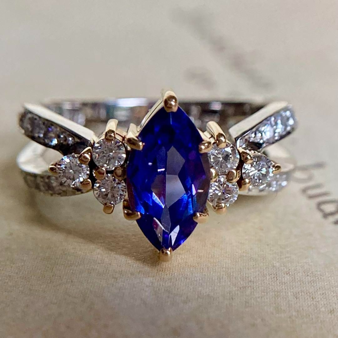 pt900 k18 マーキスカットタンザナイト × ダイヤモンド リング 指輪｜鑑別書付き