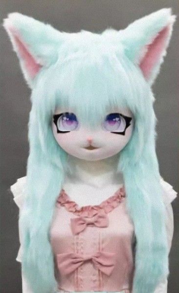 着ぐるみヘッド 猫 白緑 全頭ヘッド ケモノ マスク ファースーツ 