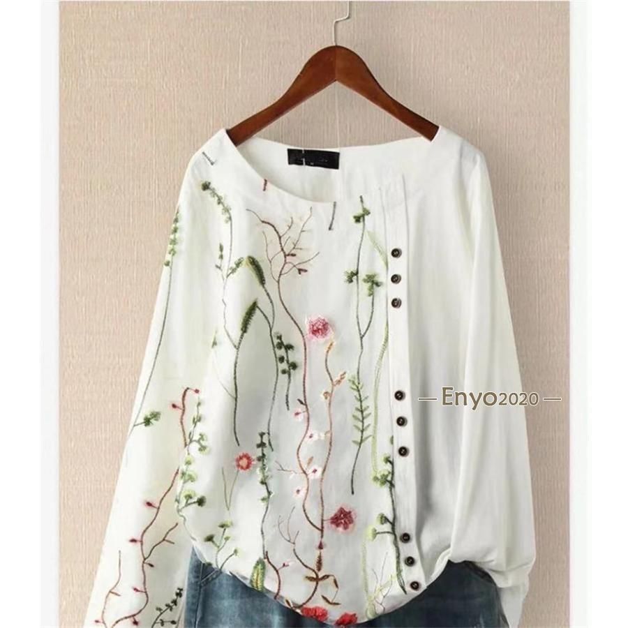 シャツ ブラウス レディース Tシャツ トップス 長袖 刺繍 花柄 エスニック 大きいサイズ 体型カバー ゆったり 高級感 秋 春 白 シャツ ブラウス レディース Tシャツ トップス 長袖 刺繍 花柄