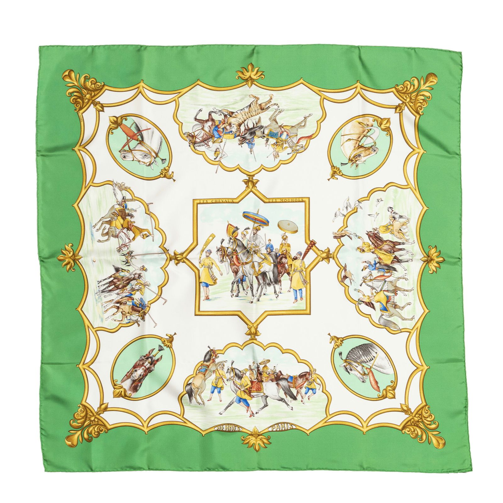 HERMES エルメススカーフ緑 白 金 ツイルシルクA