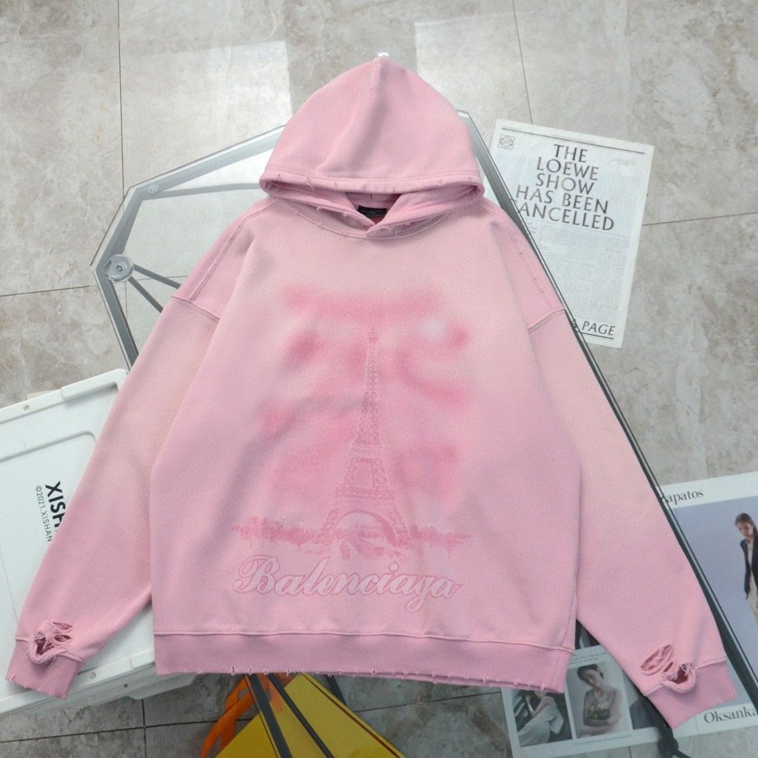 Balenciaga・定番のパリエッフェル塔をプリントした旧破壊水洗連帽  