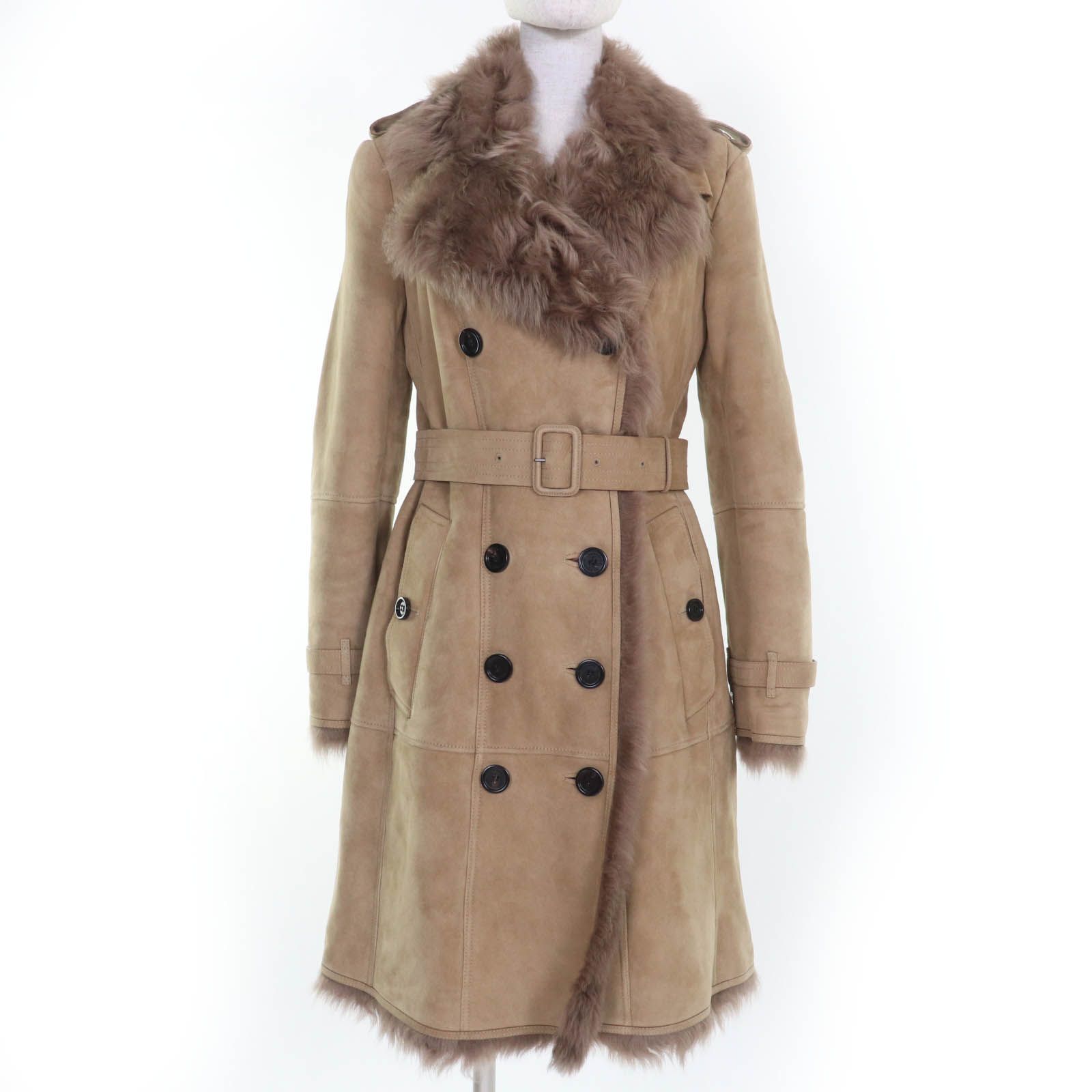 BURBERRY バーバリー シープスキン ラムレザー ロゴボタン ベルト付 ラムファー ムートンコート ベージュ 42 レディース