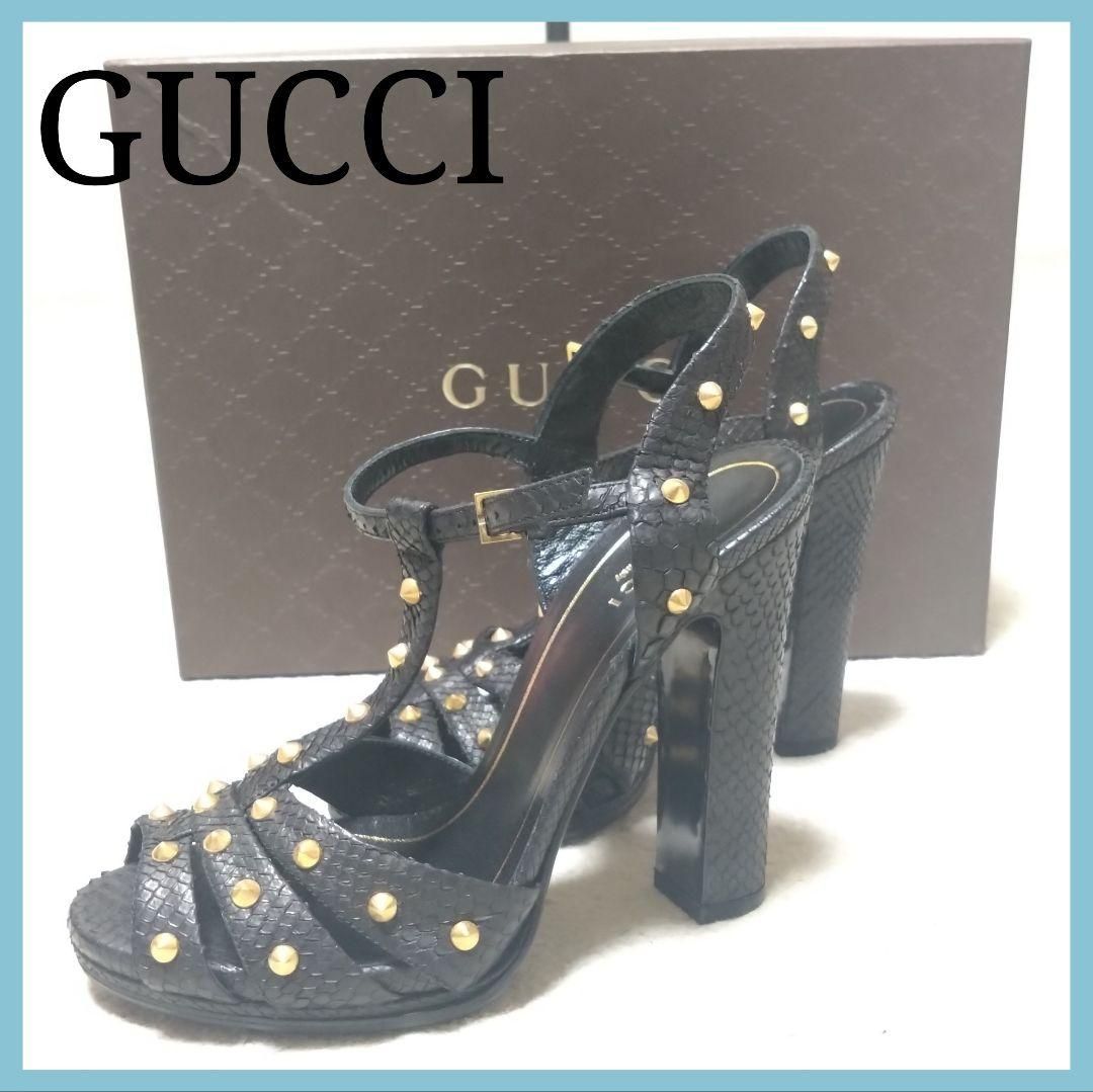 GUCCI グッチ サンダル パイソンレザー スタッズ付き 黒 36 チャンキーヒール スタッズ Tストラップ 感 ハイブランド き