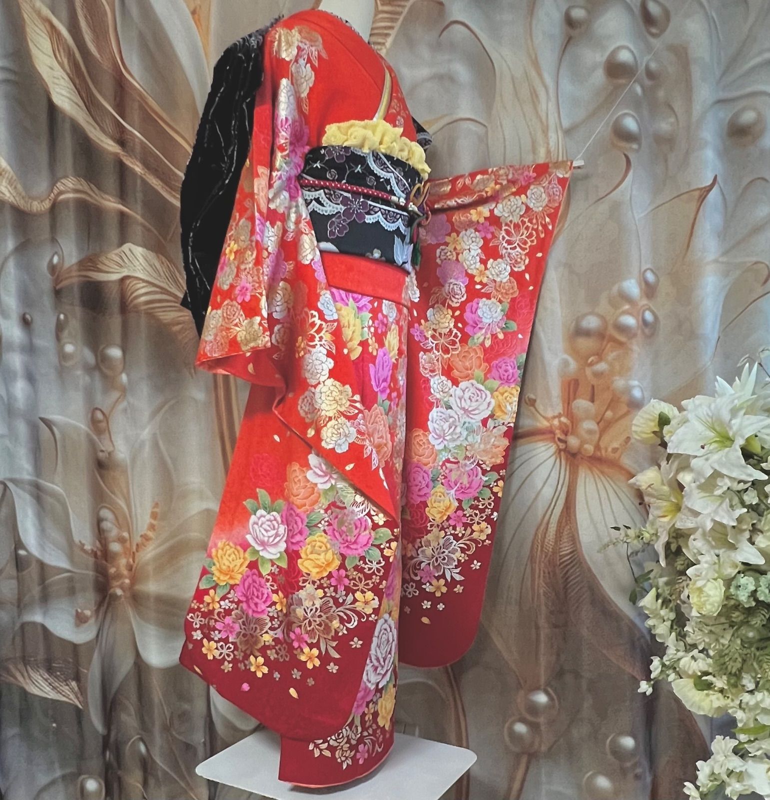 正絹 振袖 ピンク 赤 蝶 花模様 一式 正絹 振袖 ピンク 赤 蝶 花