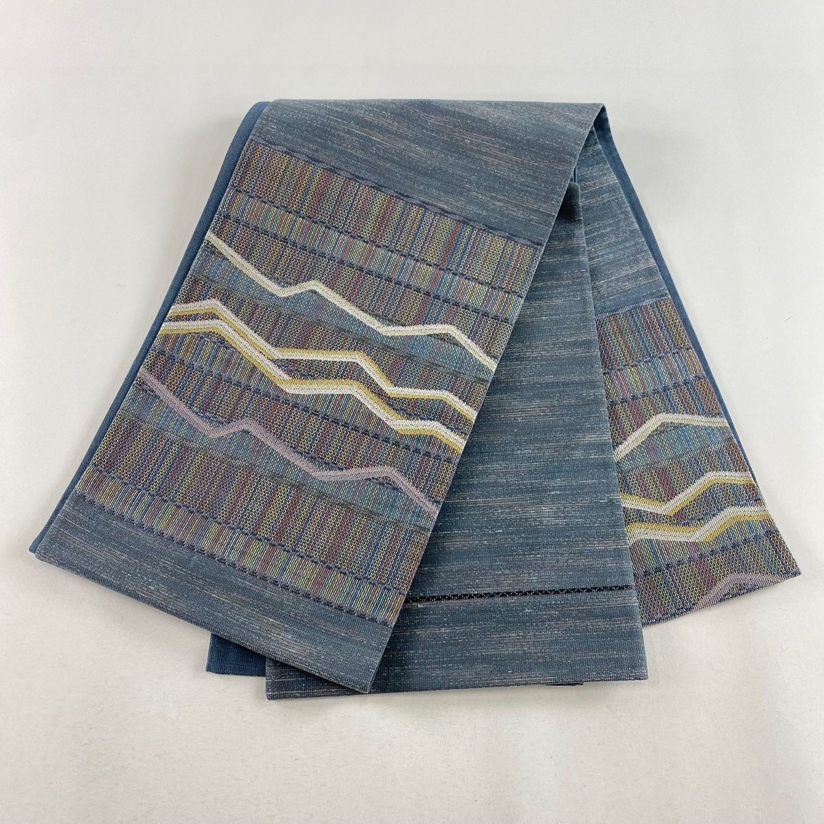 袋帯 美品 秀品 縞 幾何学模様 青灰色 お太鼓柄 正絹 【中古