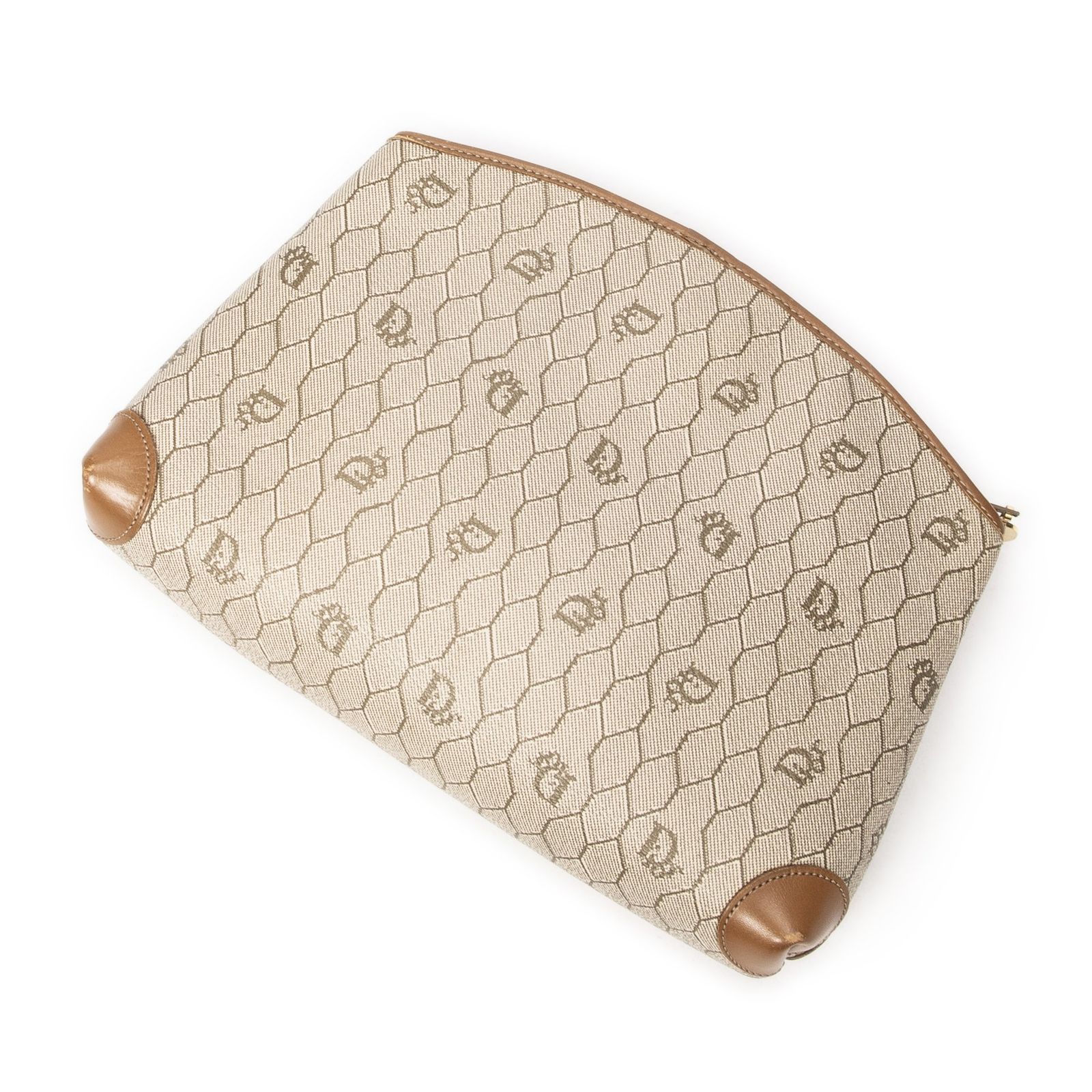 DIOR ディオールヴィンテージジップクラッチバッグベージュ ブラウンハニカムPVCキャンバスA