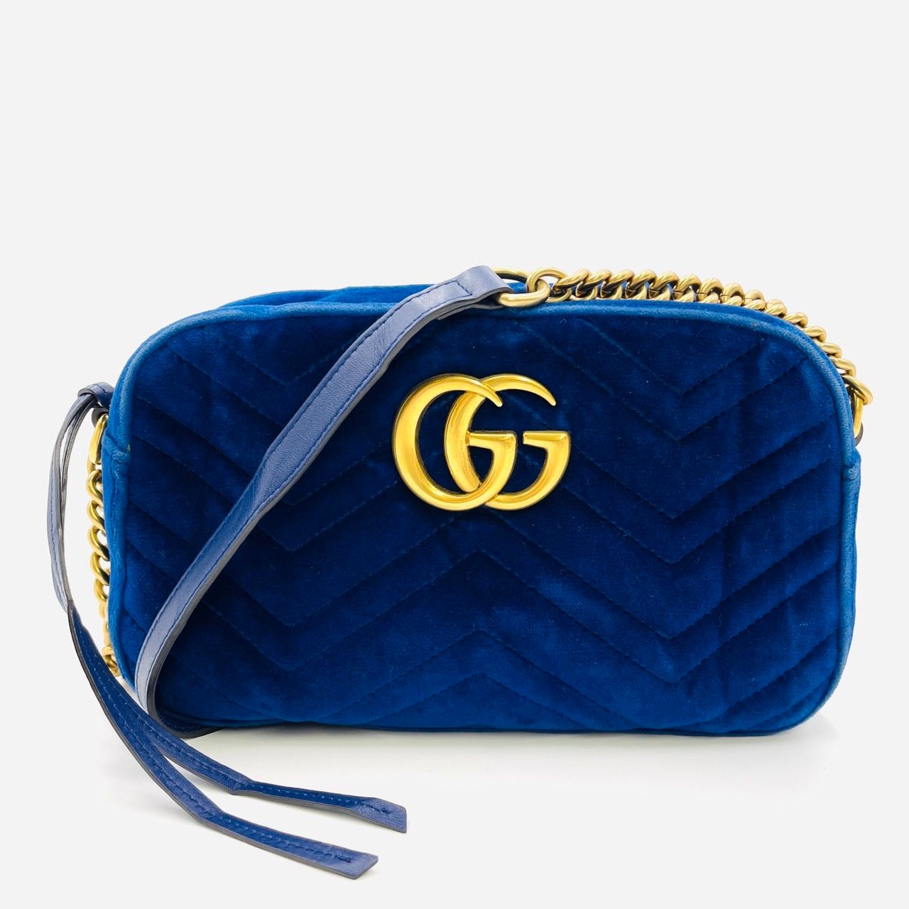 グッチ GUCCI チェーンショルダーバッグ GGマーモント 青 ベロア ブルー ゴールド金具 7-1-572
