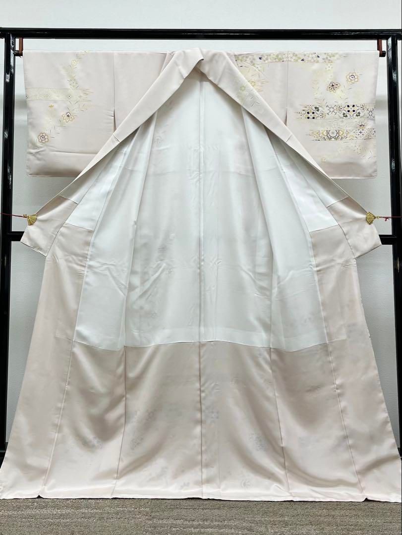 京友禅 訪問着 金駒 金彩 華紋 唐花文様 正絹 躾糸付き 薄梅鼠色系