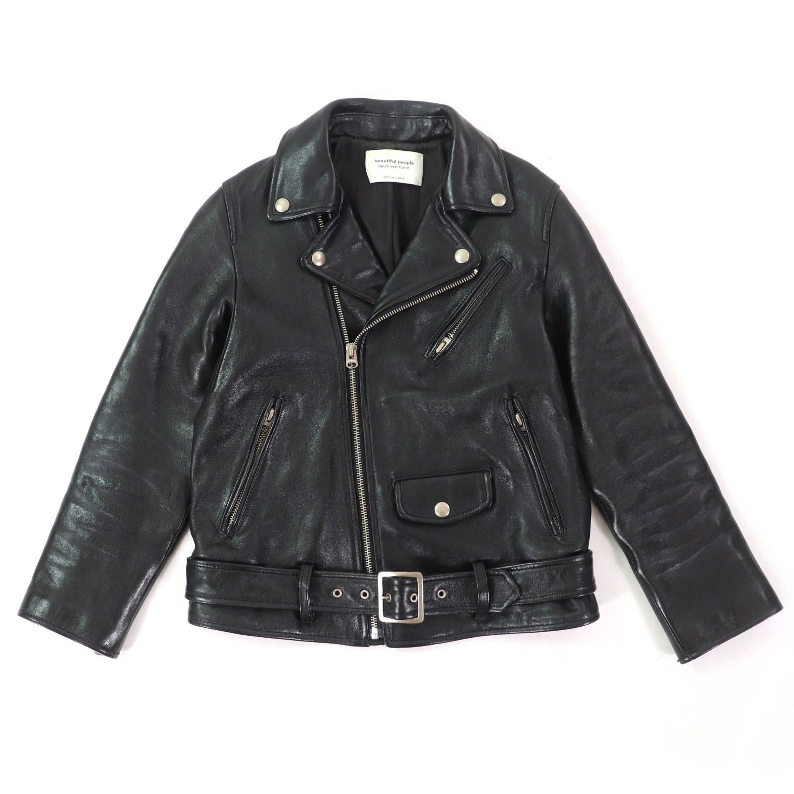 美品 beautiful people 黒 ライダースジャケット 羊革 150 正規通販】beautiful people 定番ライダースジャケット shrink