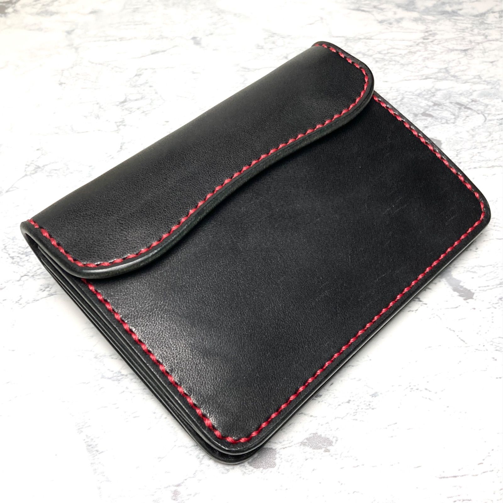 栃木レザー ギャルソンウォレット 本革 コンパクト財布 手縫い 二つ折り財布 黒