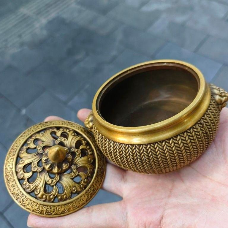 【2024最新作】 銅製 工芸品 装飾品 香道具 香薫炉 香篆炉 編み獅耳平底炉 香炉 工芸品