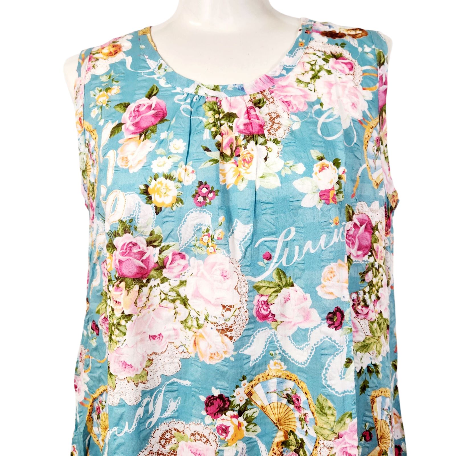 夏物再入荷 鴨居羊子 TUNIC ノースリーブ袖 80綿ローンサッカー バラ天使 裾フ ワンピース ペパーミント 63024